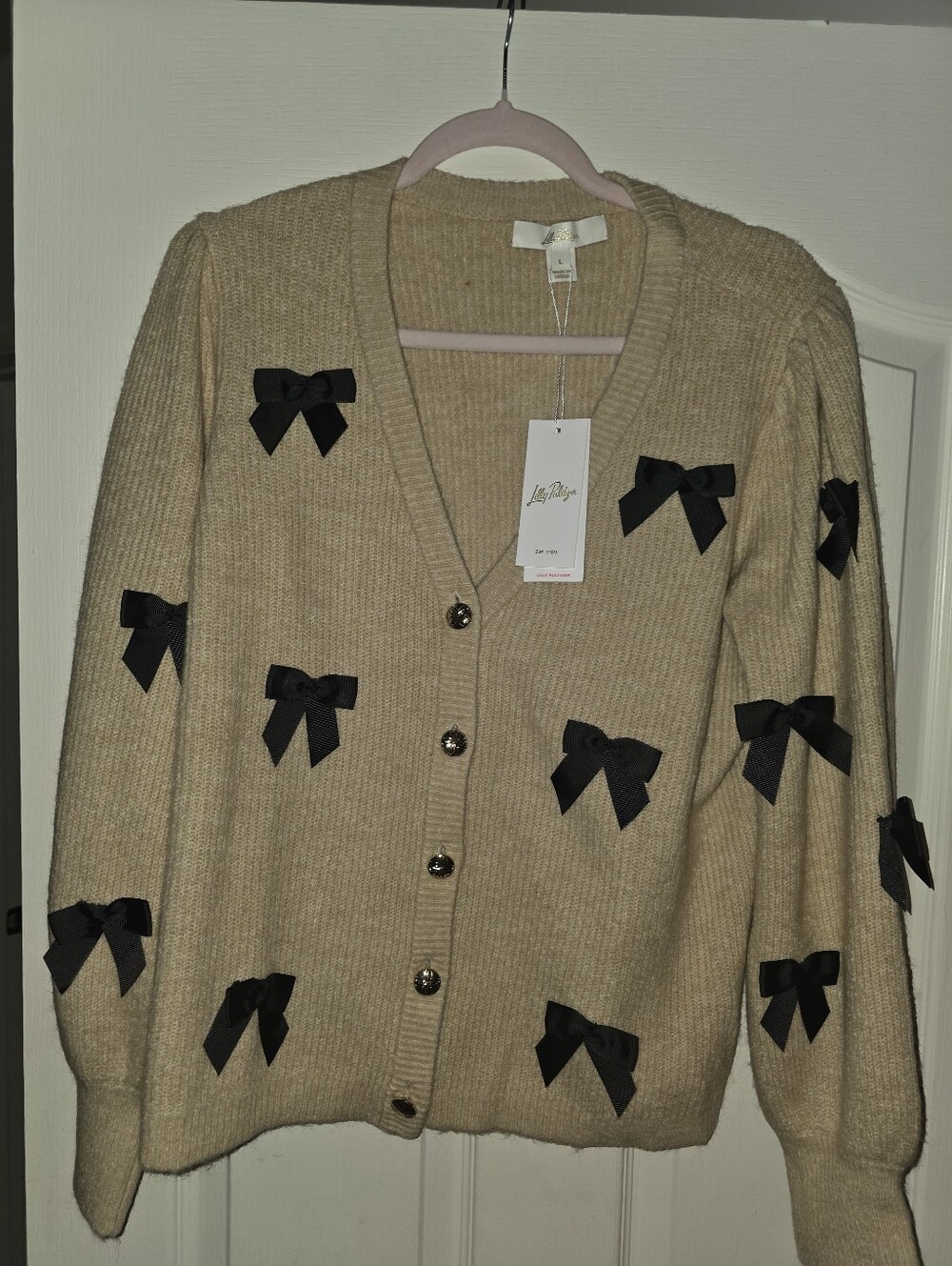 Lilly Pulitzer Heathered Wickered Tan Cardigan BOW L NWT